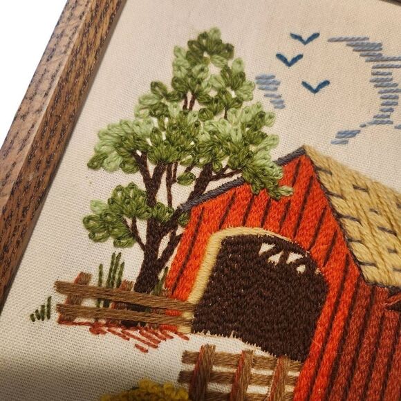 Rustic Embroidered Wall Art with Red Bridge Trees Forest Vintage 70s Cottagecore - Picture 2 of 3